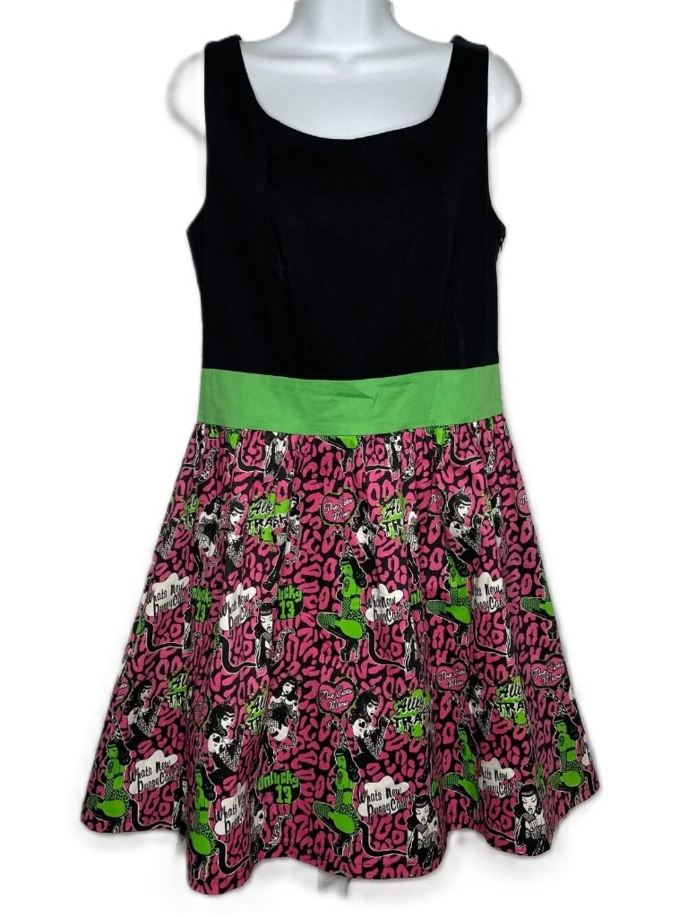 Too Fast Gracie Swing Dress Size L Cats Meow Pink Green Leopard Psychobilly